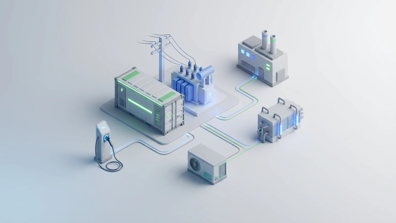 Isometric 3D illustration of battery container and substation with EV charger station and heat pump unit