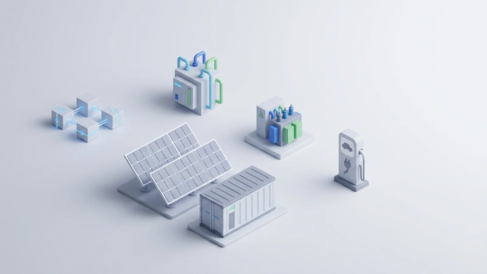 Isometric 3D illustration of solar array and battery container with substation and EV charger station