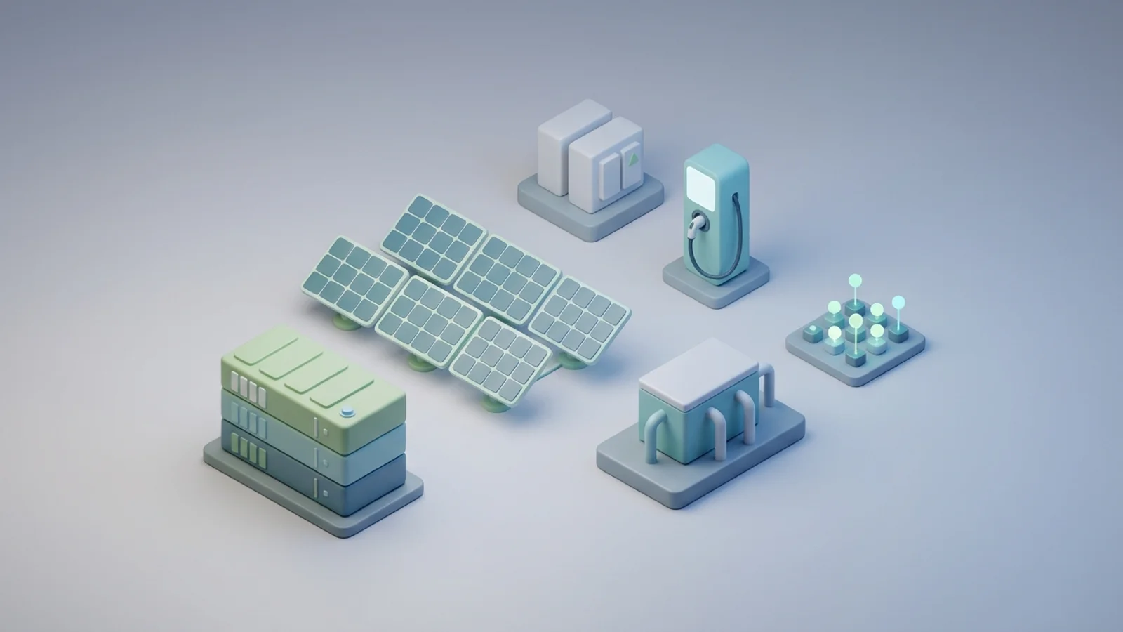 Isometric 3D illustration of solar array and battery container with substation and EV charger station