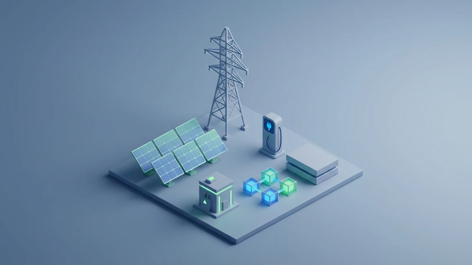 Isometric 3D illustration of solar array and transmission tower with substation and EV charger station