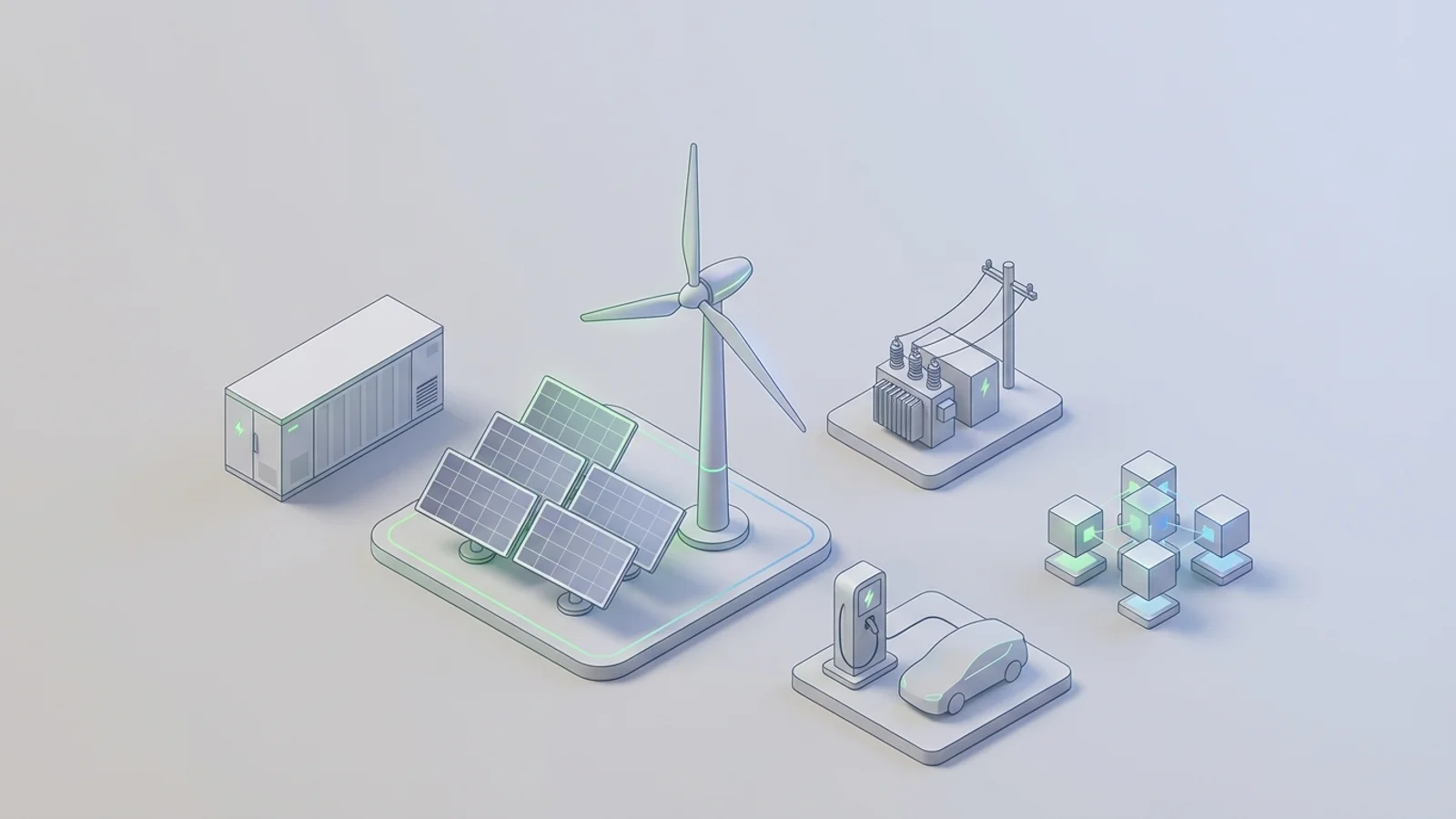 Isometric 3D illustration of solar array and wind turbine with battery container and substation