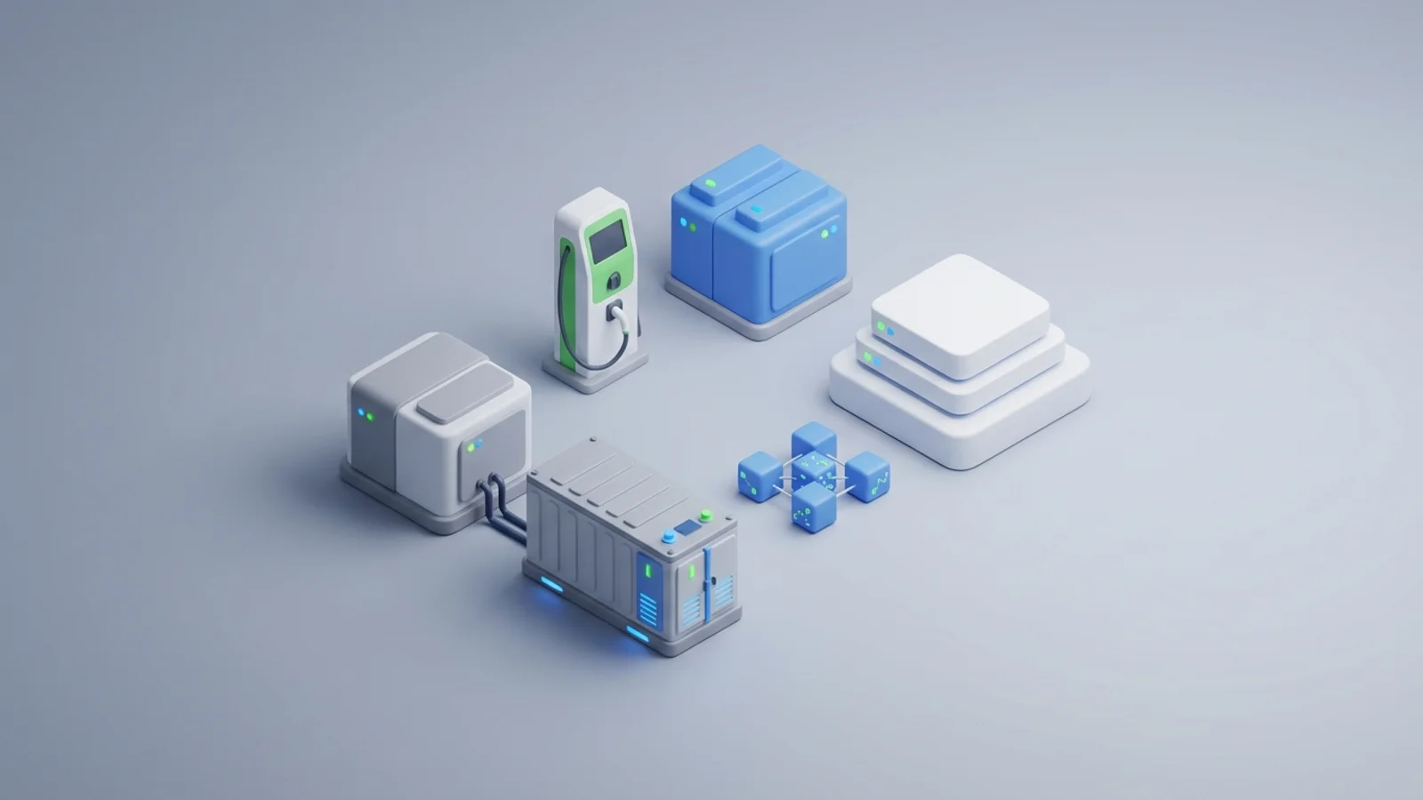 Isometric 3D illustration of battery container and substation with EV charger station and electrolyzer block