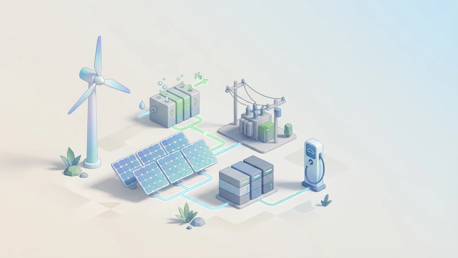 Isometric 3D illustration of solar array and wind turbine with battery container and substation