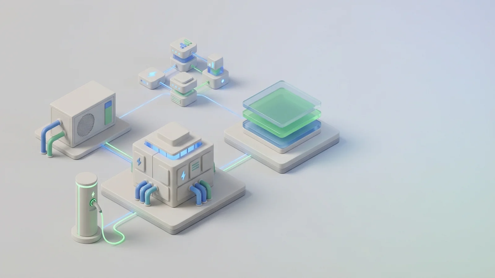Isometric 3D illustration of substation and EV charger station with heat pump unit and analytics node cluster