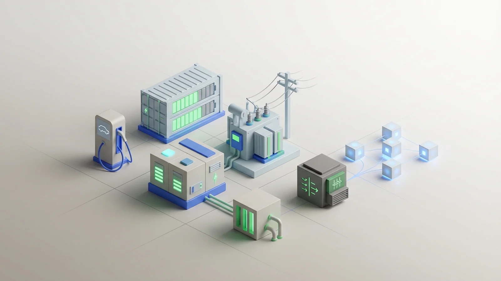 Isometric 3D illustration of battery container and substation with EV charger station and electrolyzer block