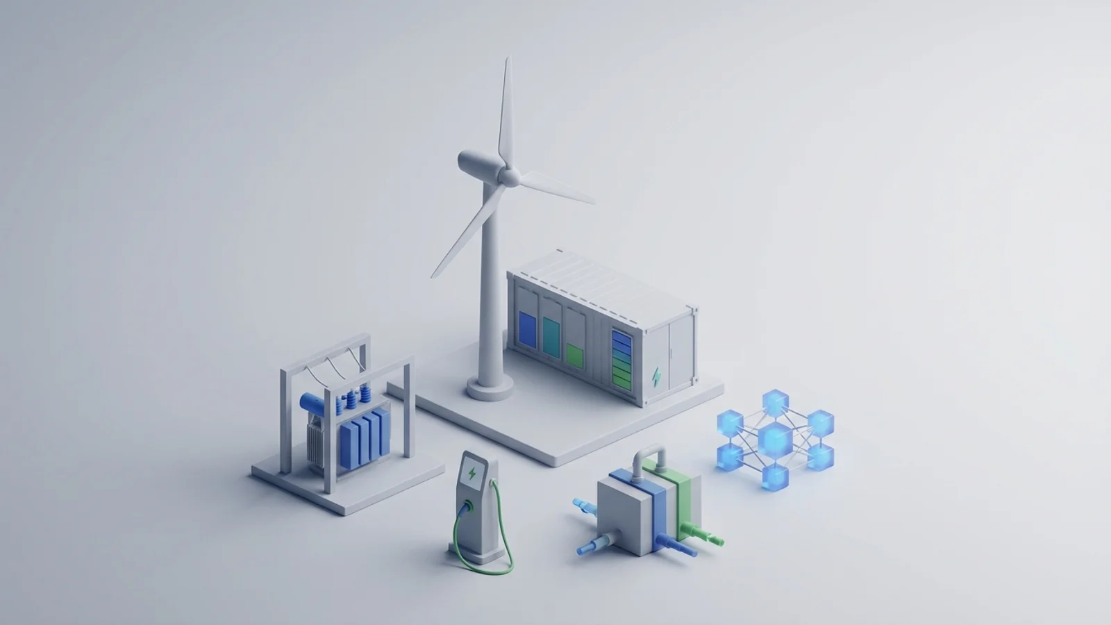 Isometric 3D illustration of wind turbine and battery container with substation and EV charger station