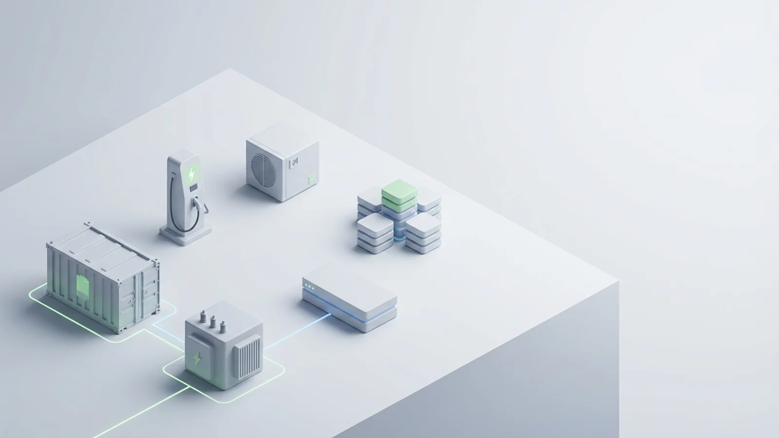Isometric 3D illustration of battery container and substation with EV charger station and heat pump unit