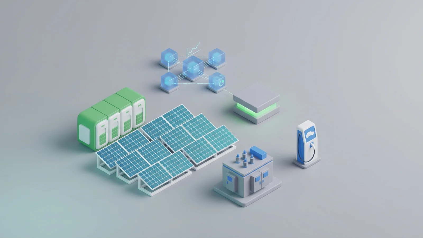 Isometric 3D illustration of solar array and battery container with substation and EV charger station