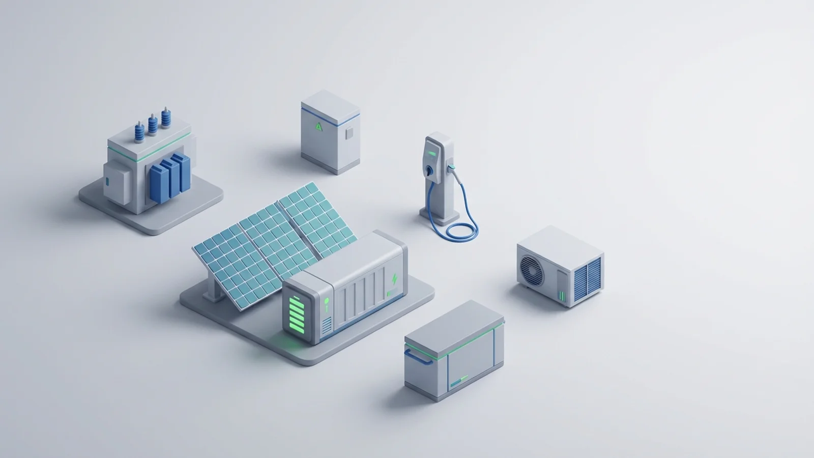 Isometric 3D illustration of solar array and battery container with substation and EV charger station