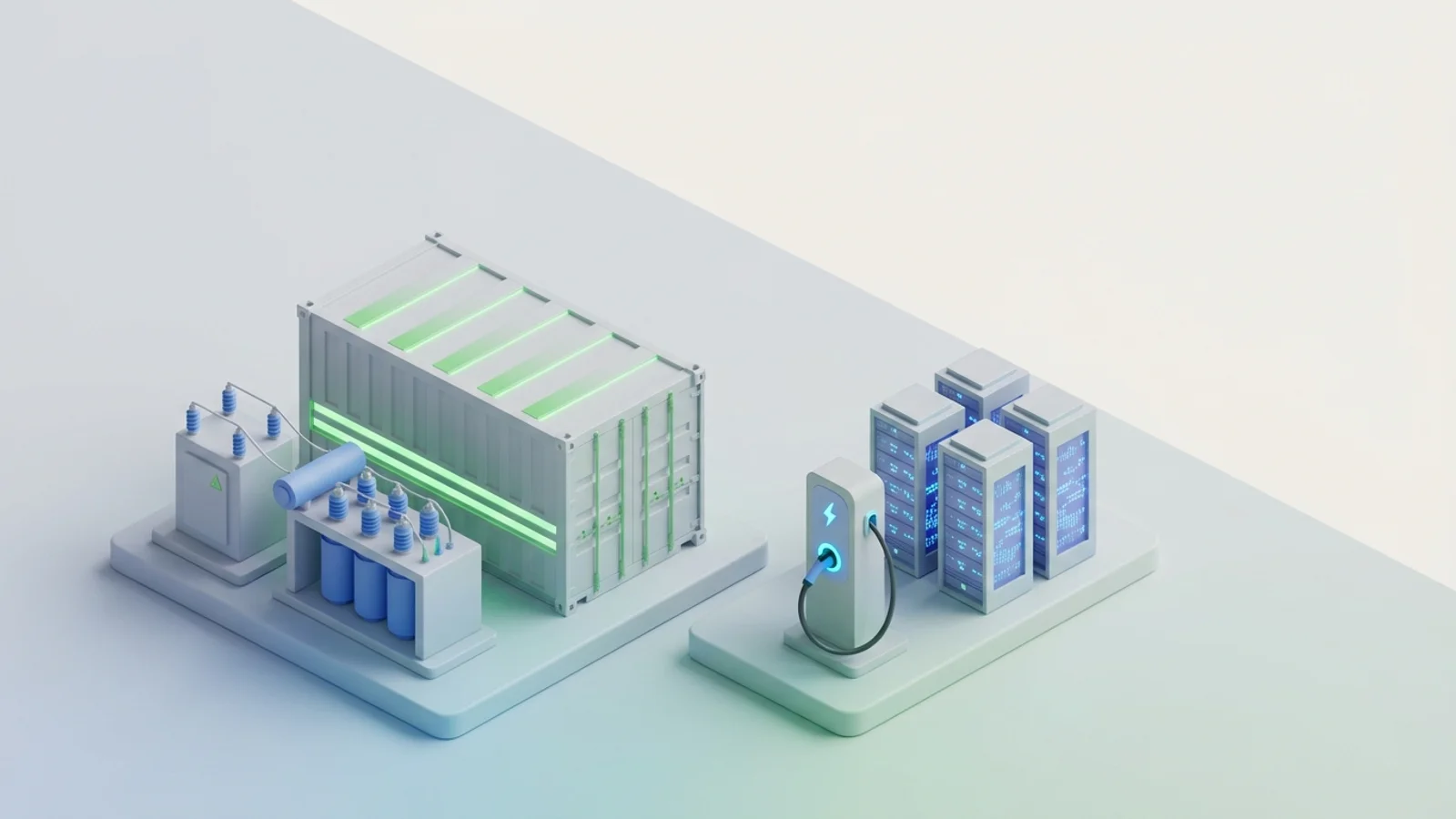Isometric 3D illustration of battery container and substation with EV charger station and analytics node cluster