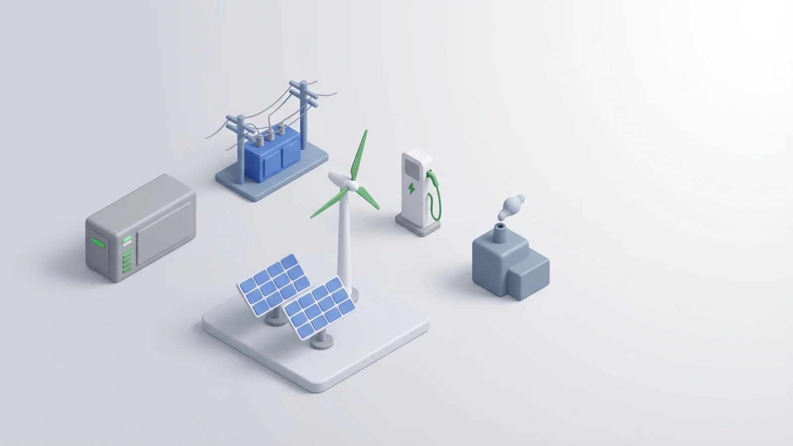 Isometric 3D illustration of solar array and wind turbine with battery container and substation