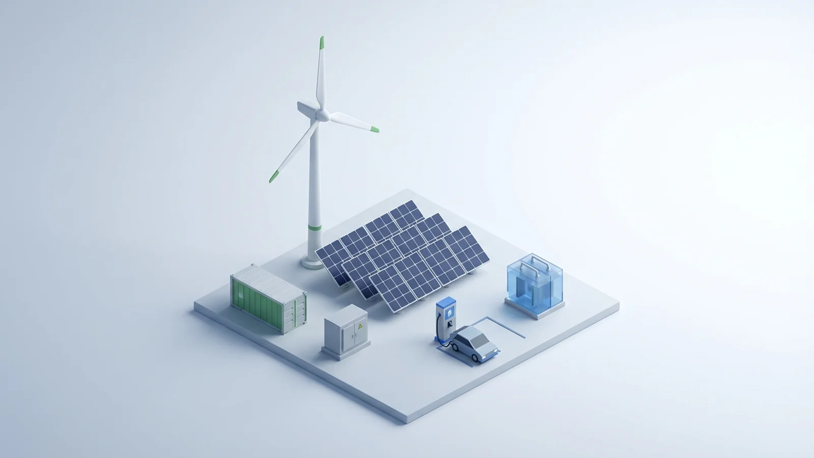 Isometric 3D illustration of solar array and wind turbine with battery container and substation