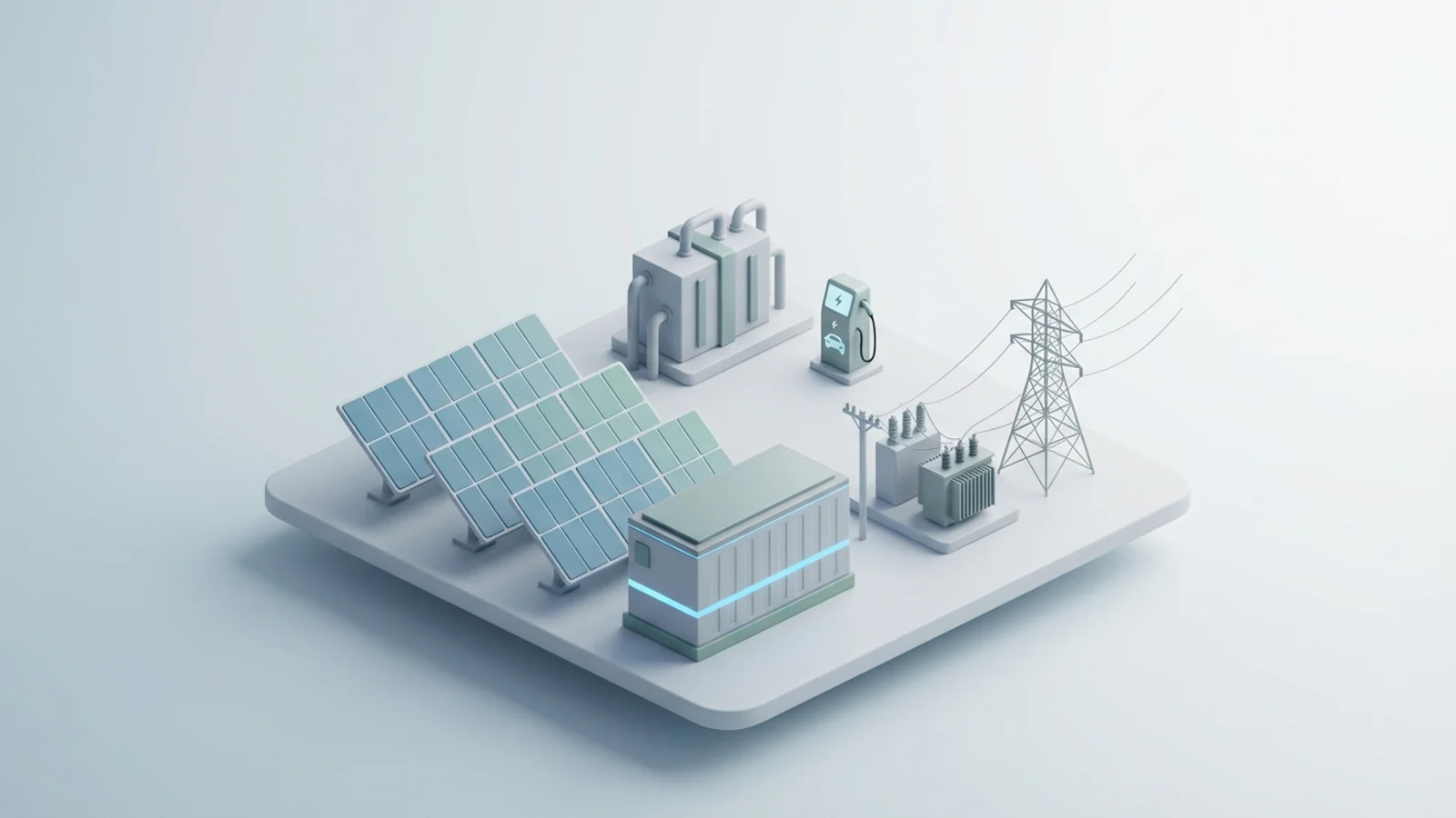 Isometric 3D illustration of solar array and battery container with substation and transmission tower