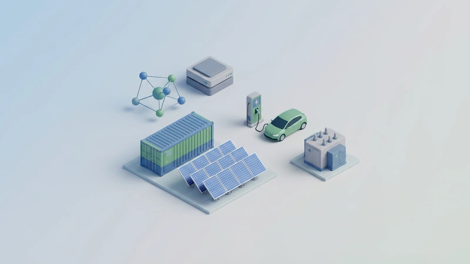 Isometric 3D illustration of solar array and battery container with substation and EV charger station