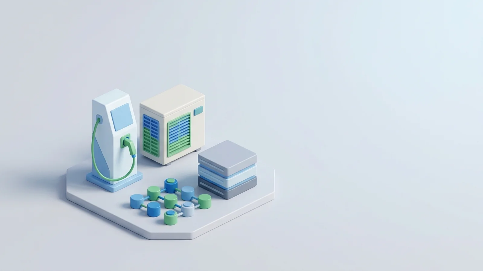 Isometric 3D illustration of EV charger station and heat pump unit with analytics node cluster and data platform block