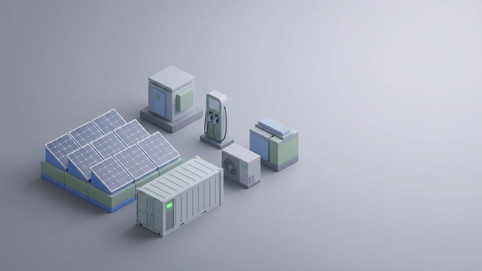 Isometric 3D illustration of solar array and battery container with substation and EV charger station