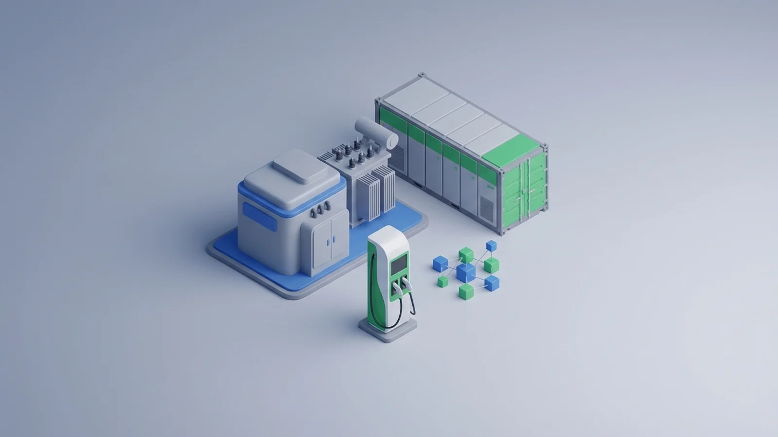 Isometric 3D illustration of substation and EV charger station with analytics node cluster and battery container