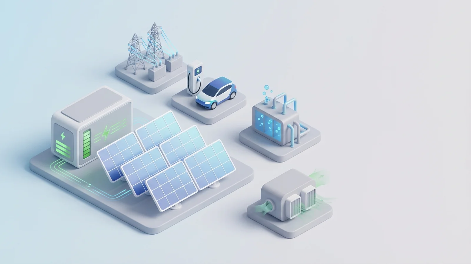 Isometric 3D illustration of solar array and battery container with substation and EV charger station