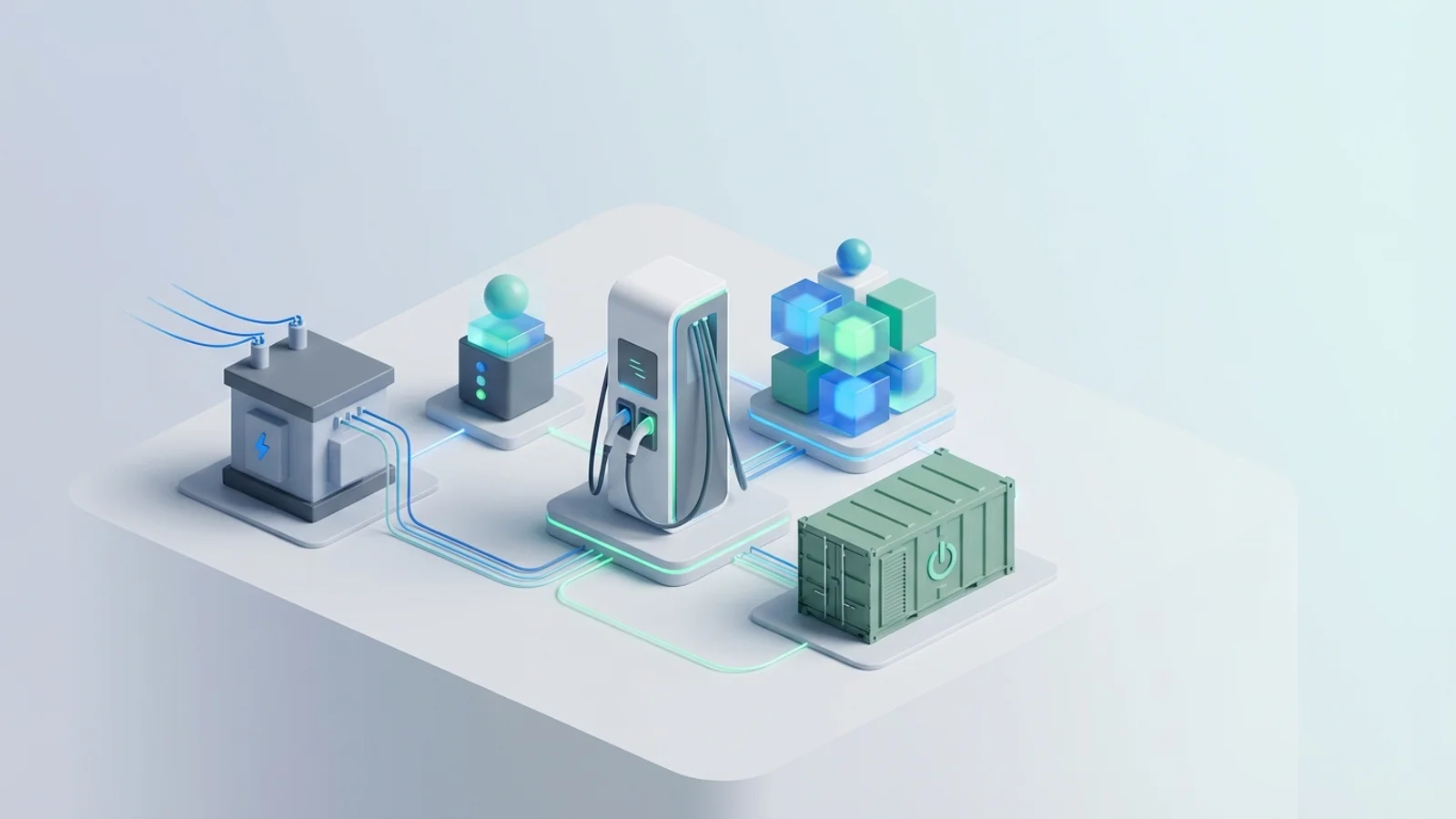 Isometric 3D illustration of EV charger station and analytics node cluster with substation and battery container