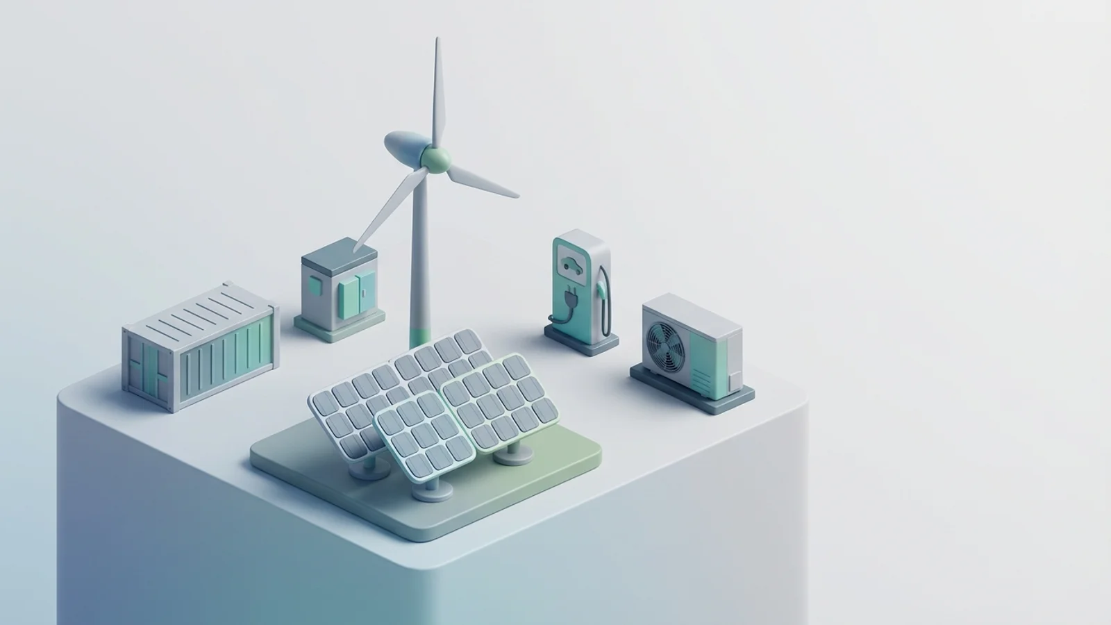 Isometric 3D illustration of solar array and wind turbine with battery container and substation