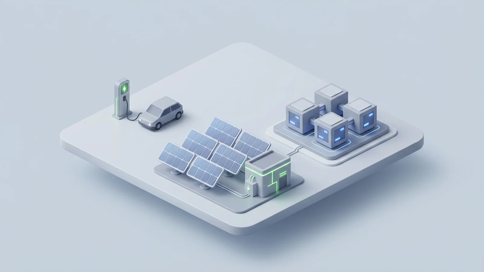 Isometric 3D illustration of solar array and substation with EV charger station and analytics node cluster