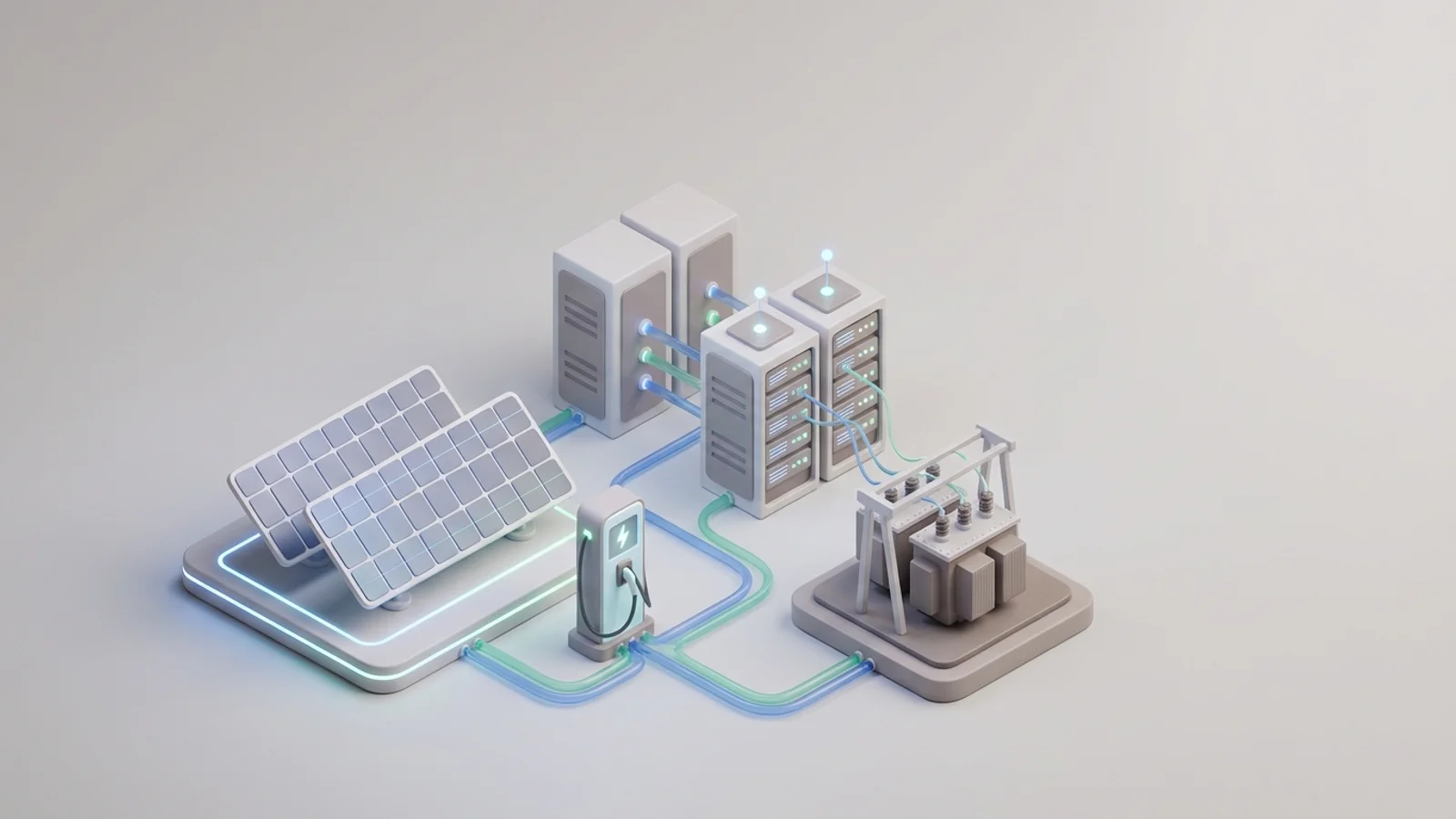 Isometric 3D illustration of solar array and EV charger station with analytics node cluster and substation