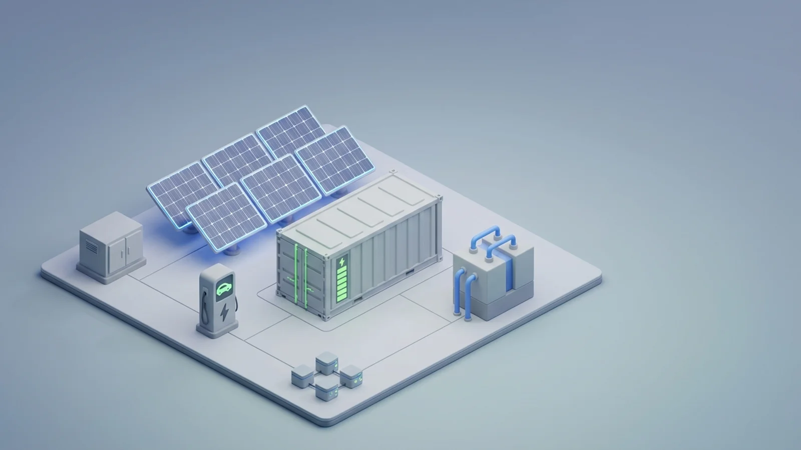 Isometric 3D illustration of solar array and battery container with substation and EV charger station