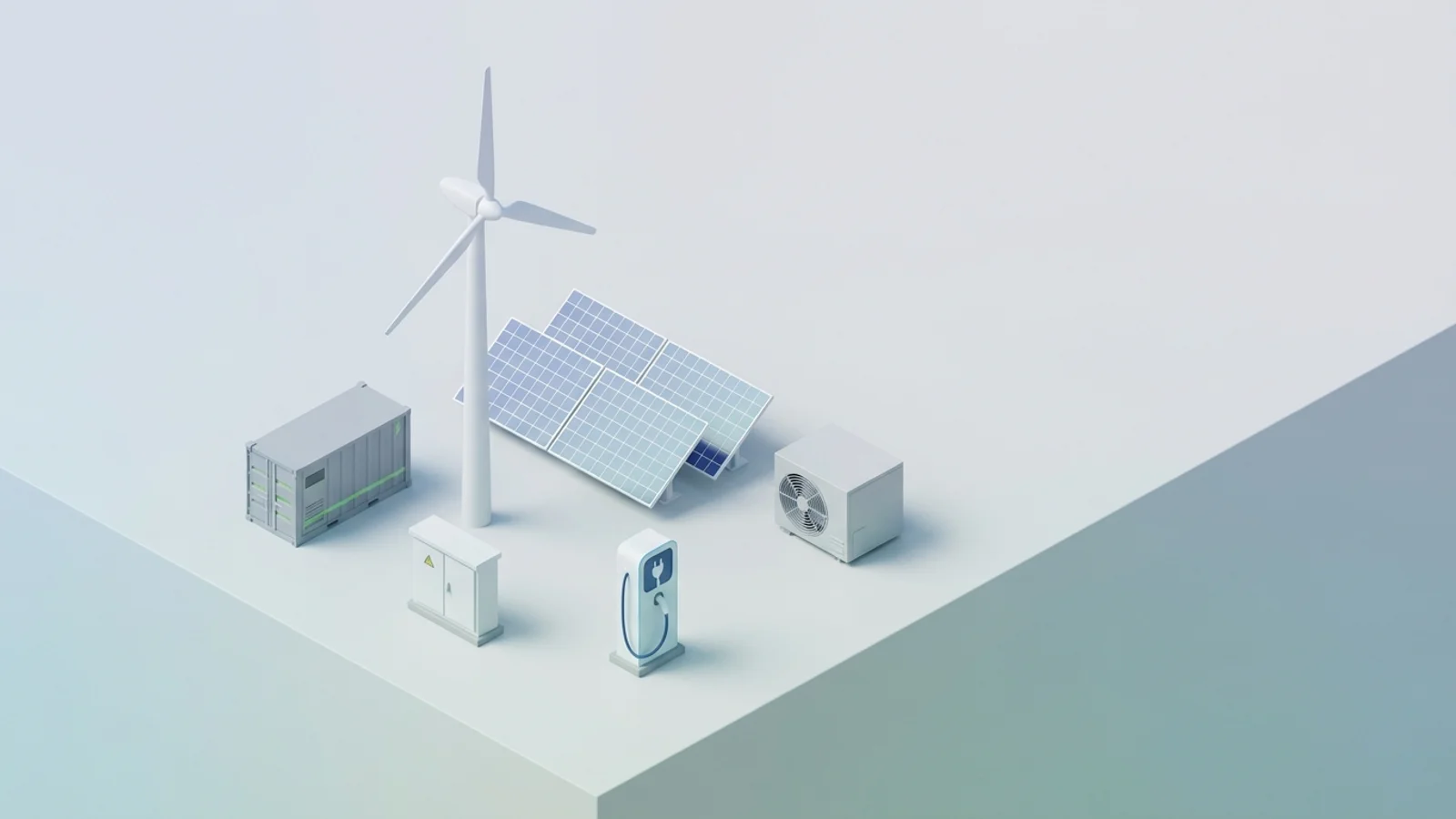 Isometric 3D illustration of solar array and wind turbine with battery container and substation