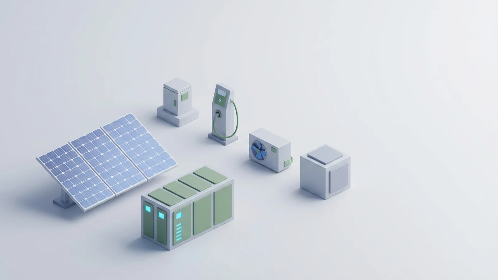 Isometric 3D illustration of solar array and battery container with substation and EV charger station