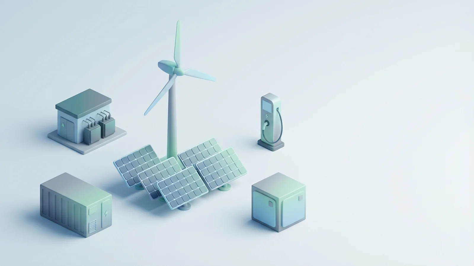 Isometric 3D illustration of solar array and wind turbine with battery container and substation