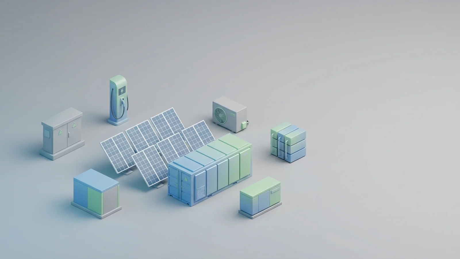 Isometric 3D illustration of solar array and battery container with substation and EV charger station