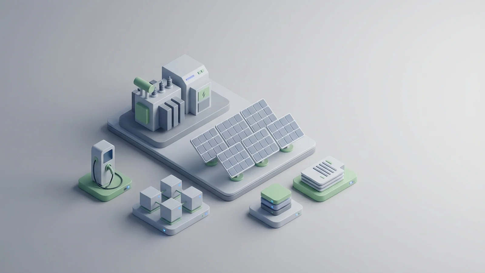Isometric 3D illustration of solar array and substation with EV charger station and analytics node cluster
