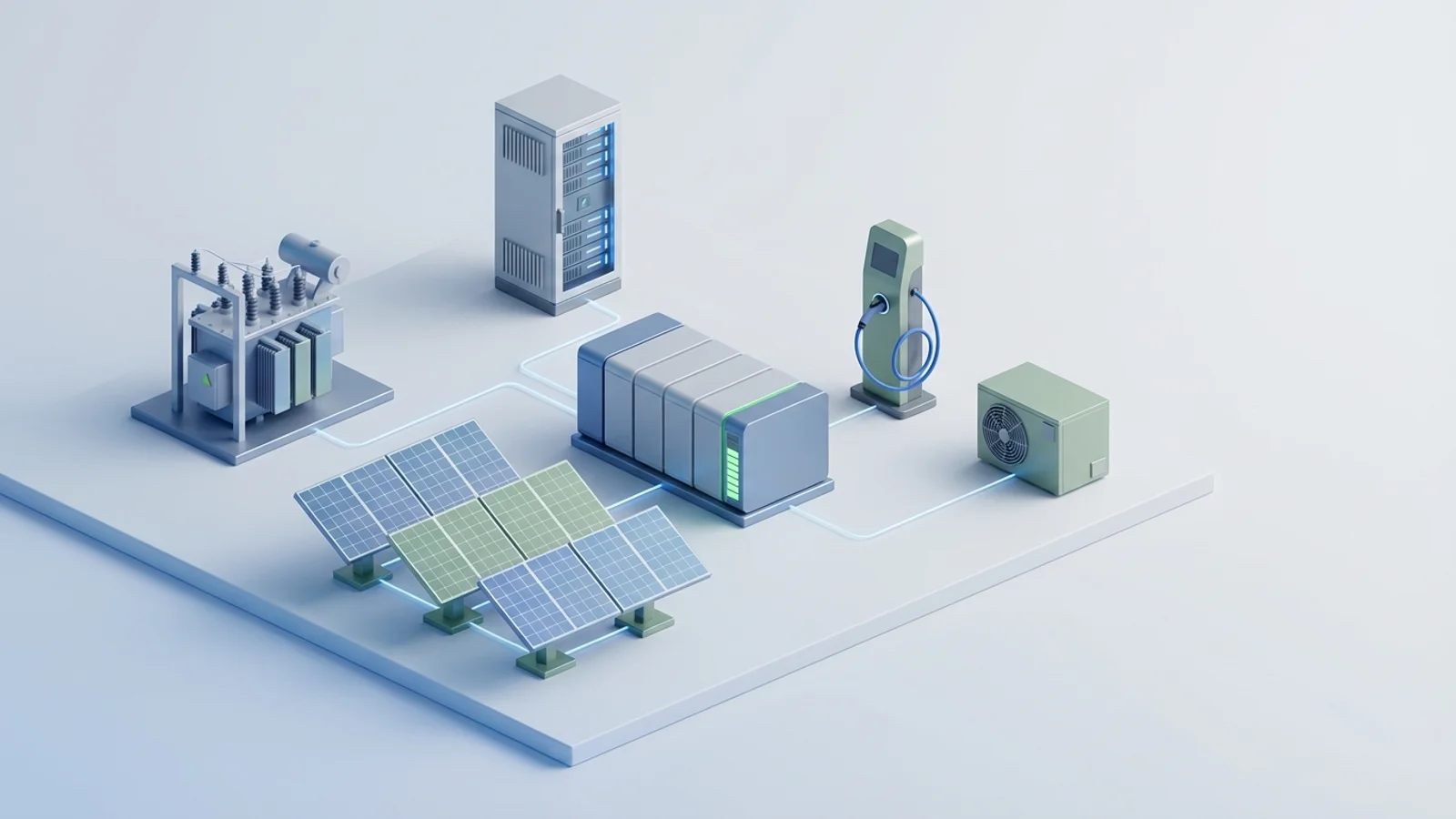 Isometric 3D illustration of solar array and battery container with substation and inverter cabinet