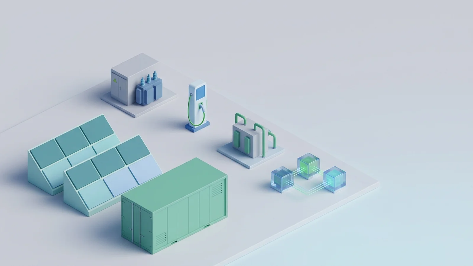 Isometric 3D illustration of solar array and battery container with substation and EV charger station