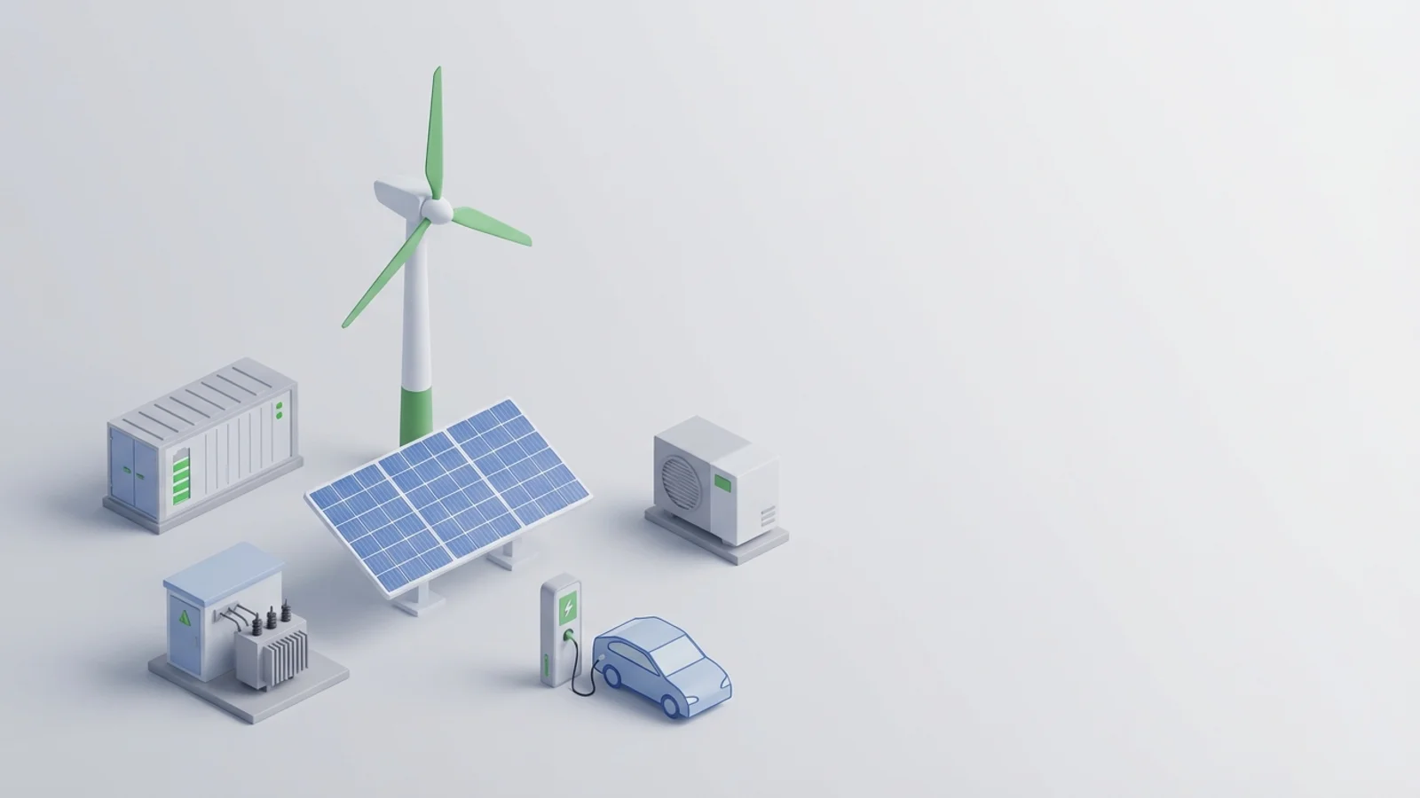 Isometric 3D illustration of solar array and wind turbine with battery container and substation
