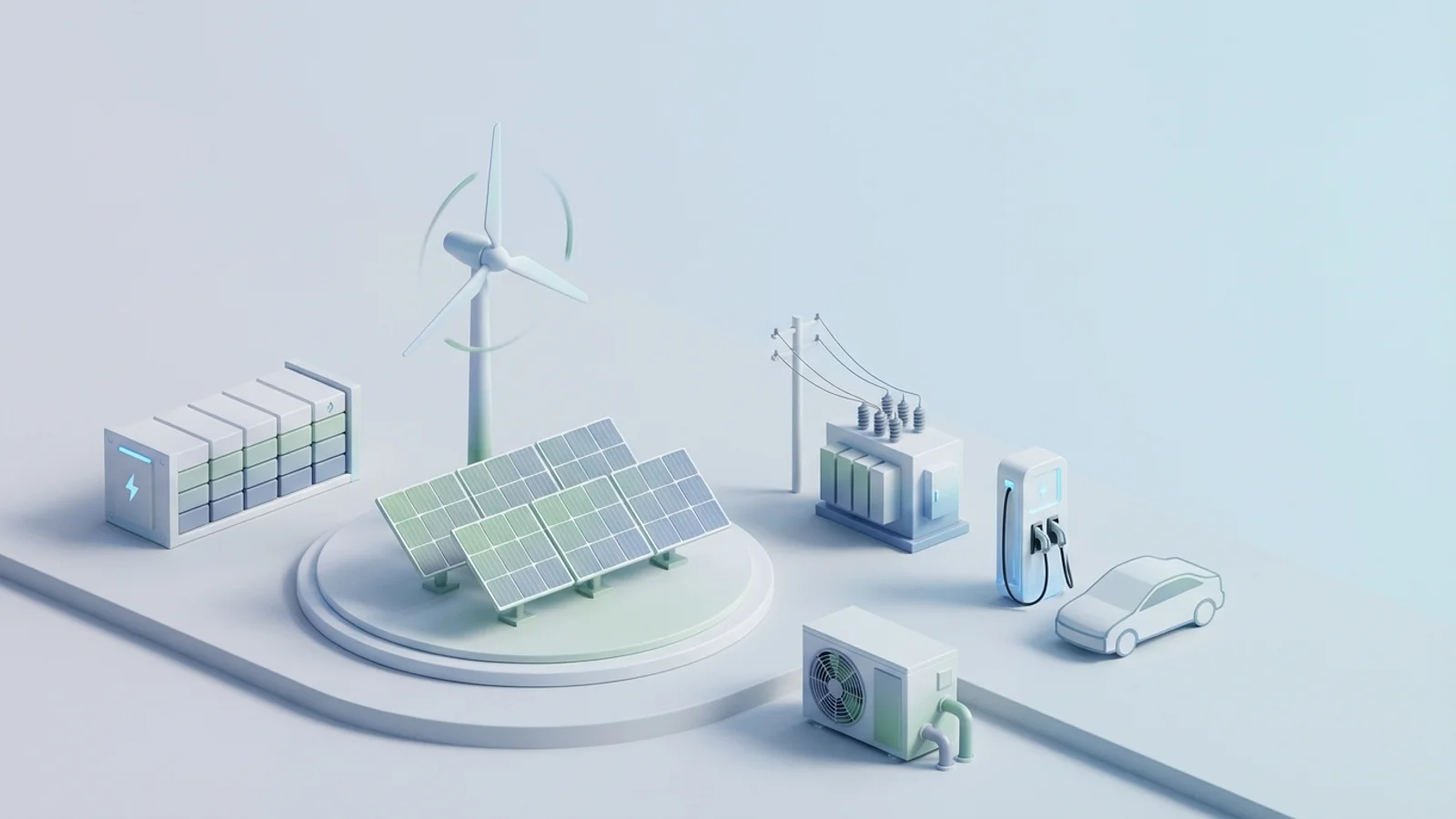Isometric 3D illustration of solar array and wind turbine with battery container and substation