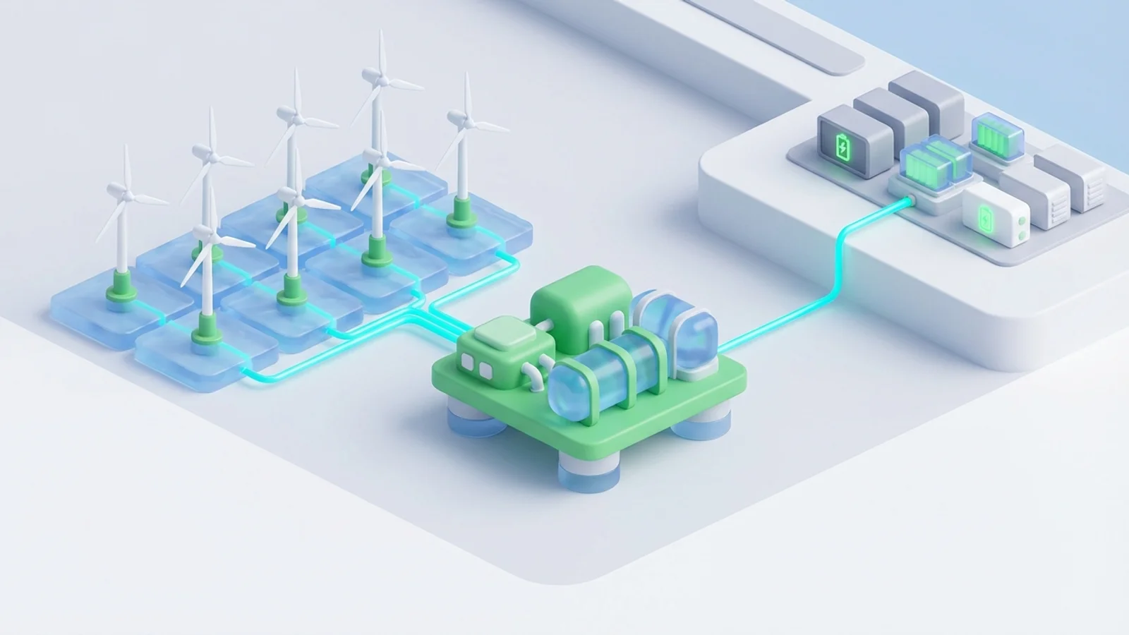 Isometric 3D illustration of An offshore wind farm with a large green hydrogen production platform nearby, connected to a grid-scale solid-state battery storage facility on the coast.