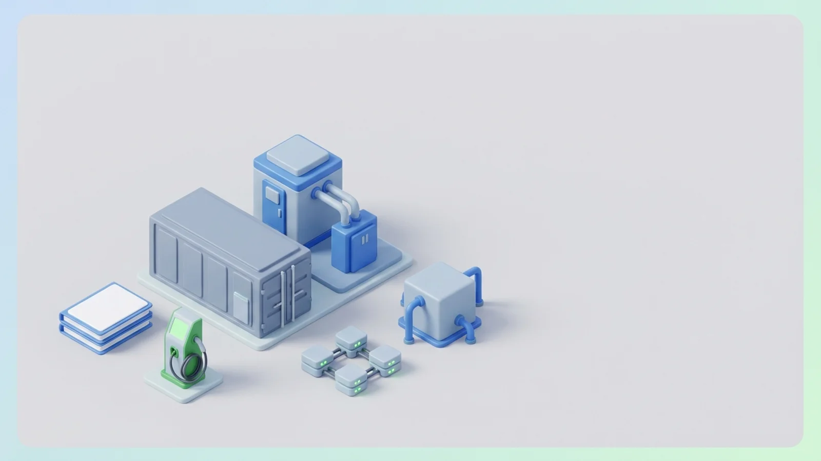 Isometric 3D illustration of battery container and substation with EV charger station and electrolyzer block