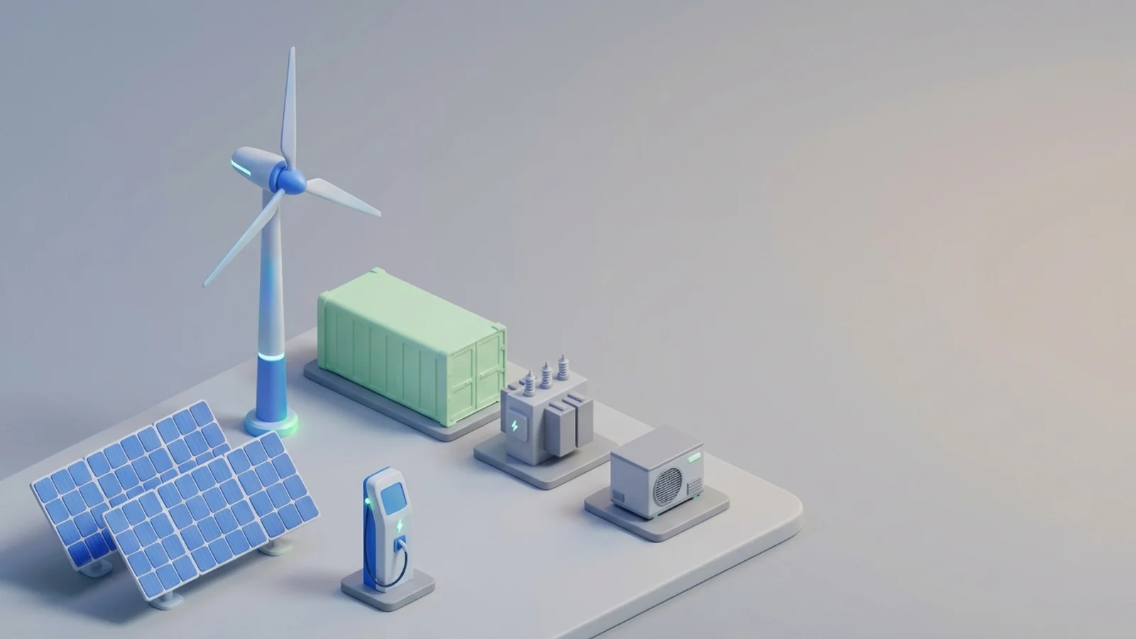 Isometric 3D illustration of solar array and wind turbine with battery container and substation