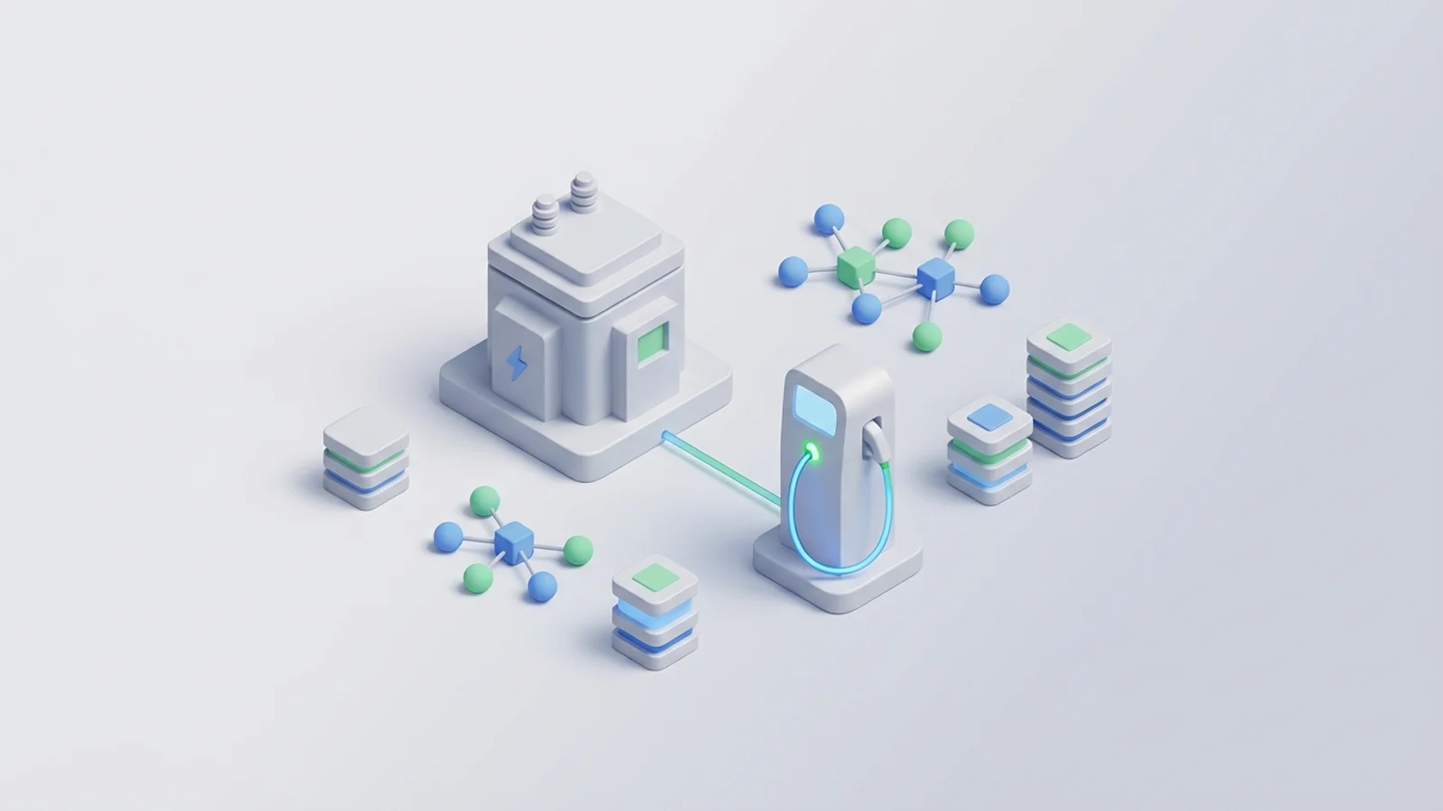 Isometric 3D illustration of substation and EV charger station with analytics node cluster and token blocks