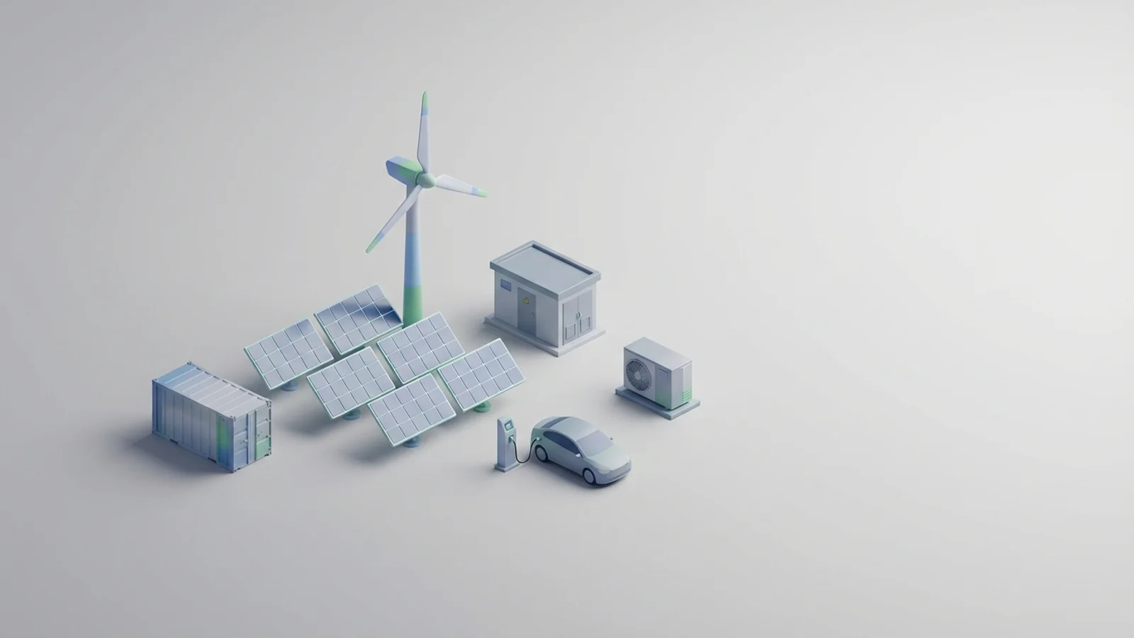 Isometric 3D illustration of solar array and wind turbine with battery container and substation