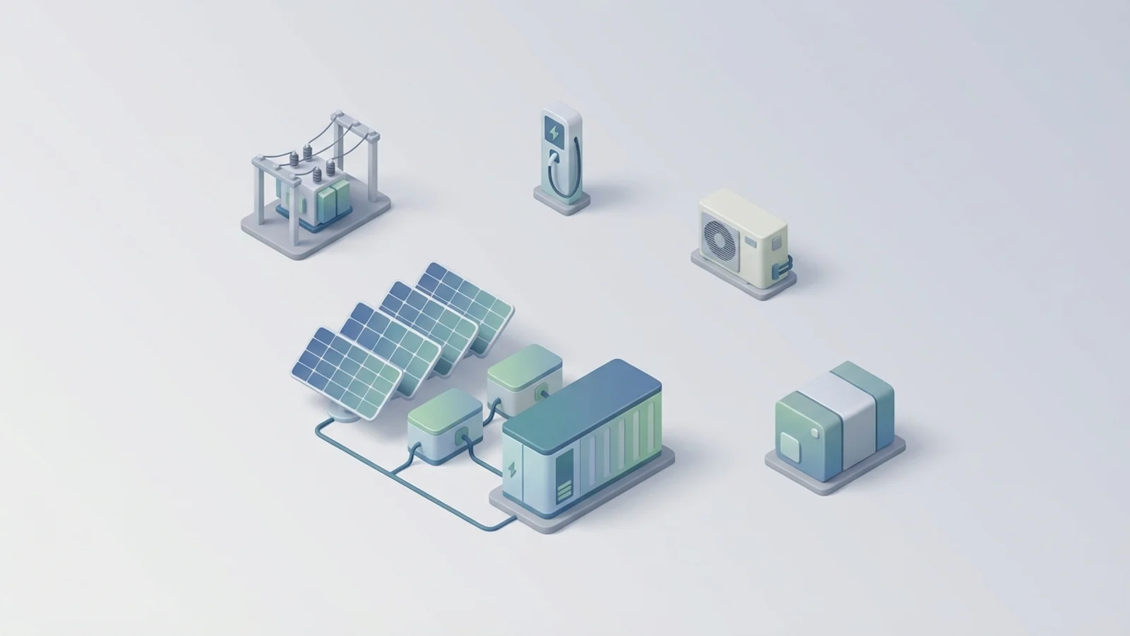 Isometric 3D illustration of solar array and battery container with substation and EV charger station