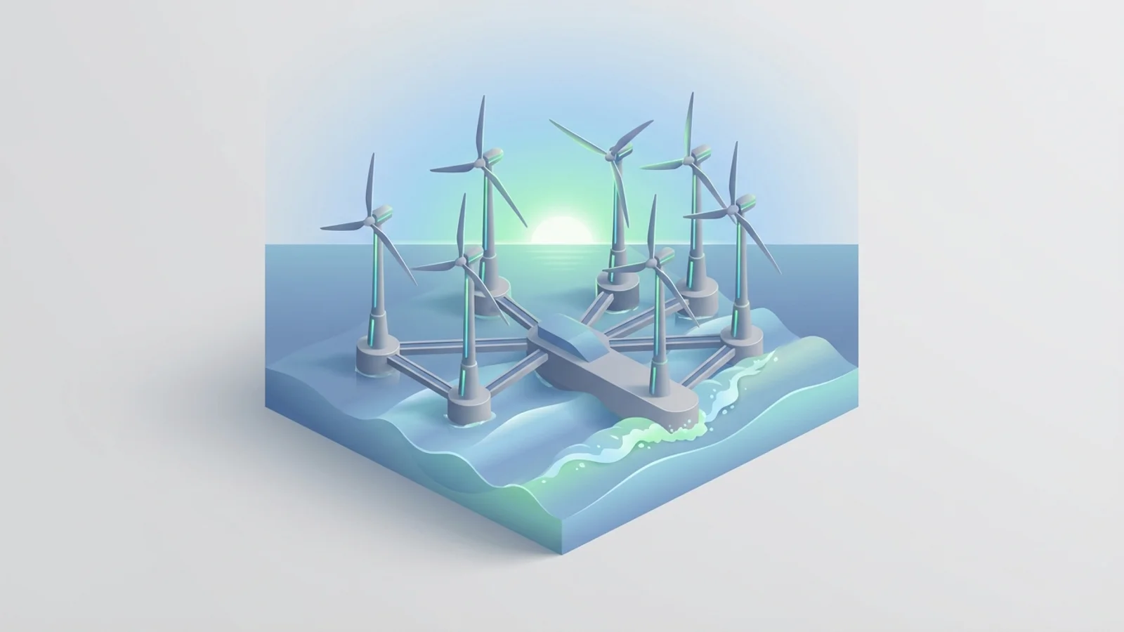 Isometric 3D illustration of A futuristic floating offshore wind turbine array silhouetted against a sunrise at sea, with waves gently breaking below.