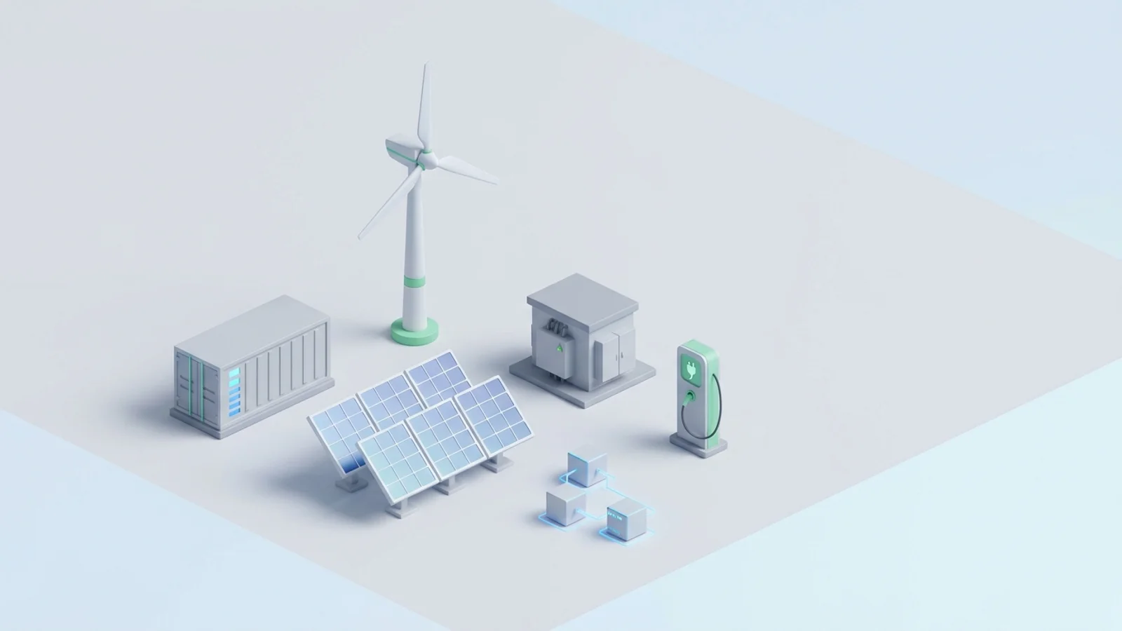 Isometric 3D illustration of solar array and wind turbine with battery container and substation