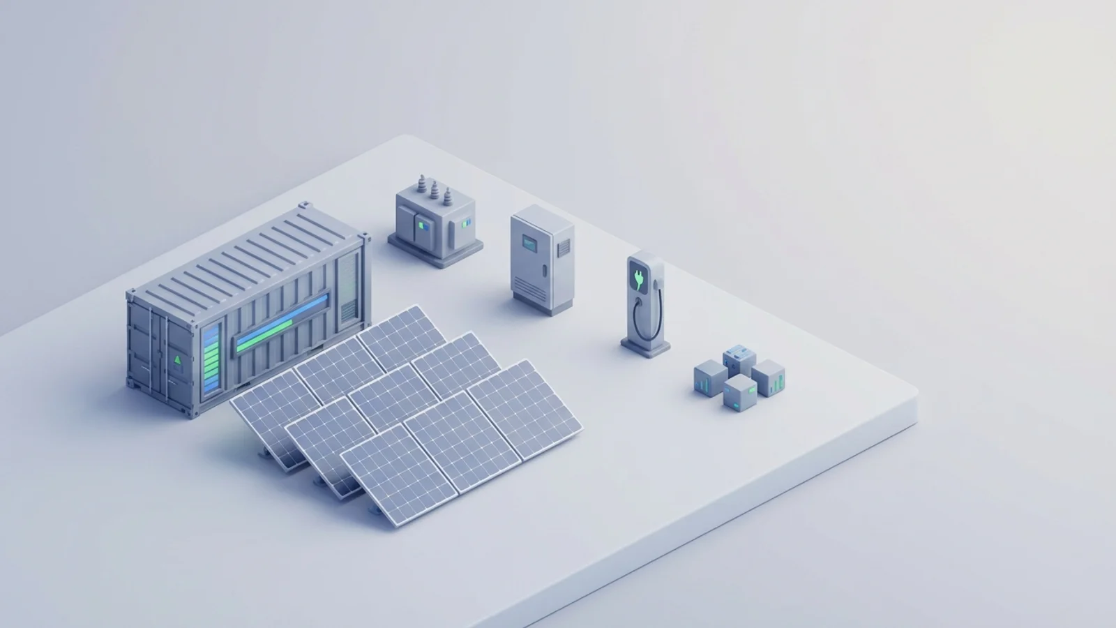 Isometric 3D illustration of solar array and battery container with substation and inverter cabinet