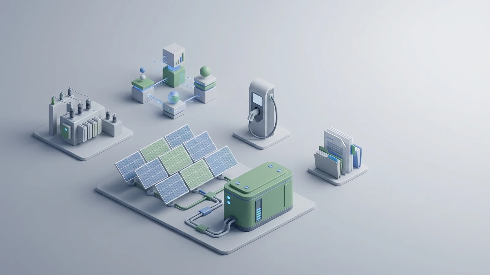 Isometric 3D illustration of solar array and battery container with substation and EV charger station