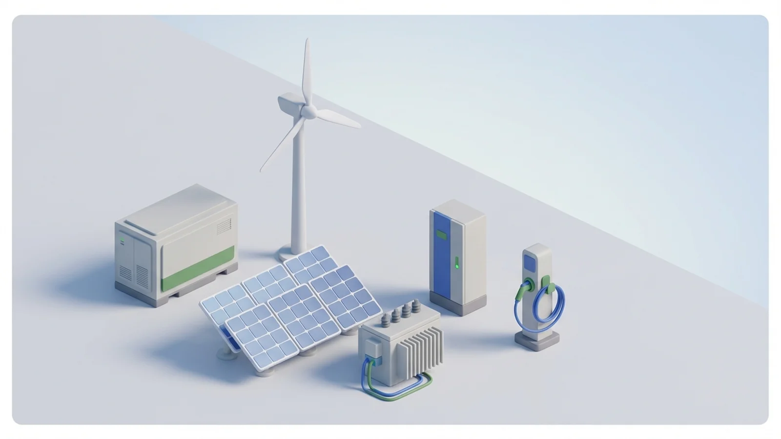 Isometric 3D illustration of solar array and wind turbine with battery container and substation