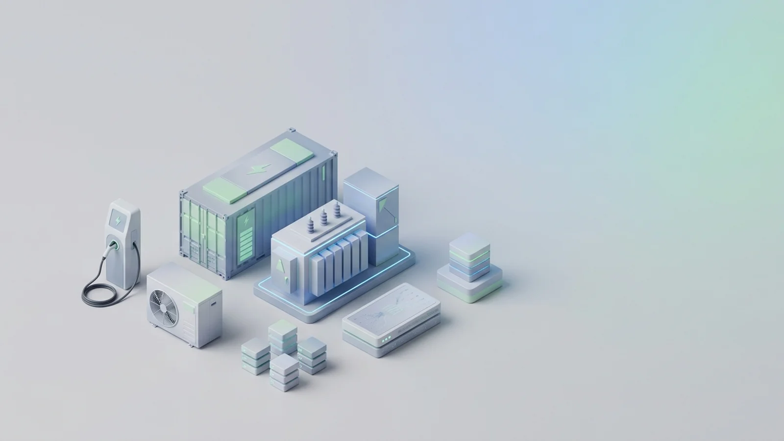 Isometric 3D illustration of battery container and substation with EV charger station and heat pump unit