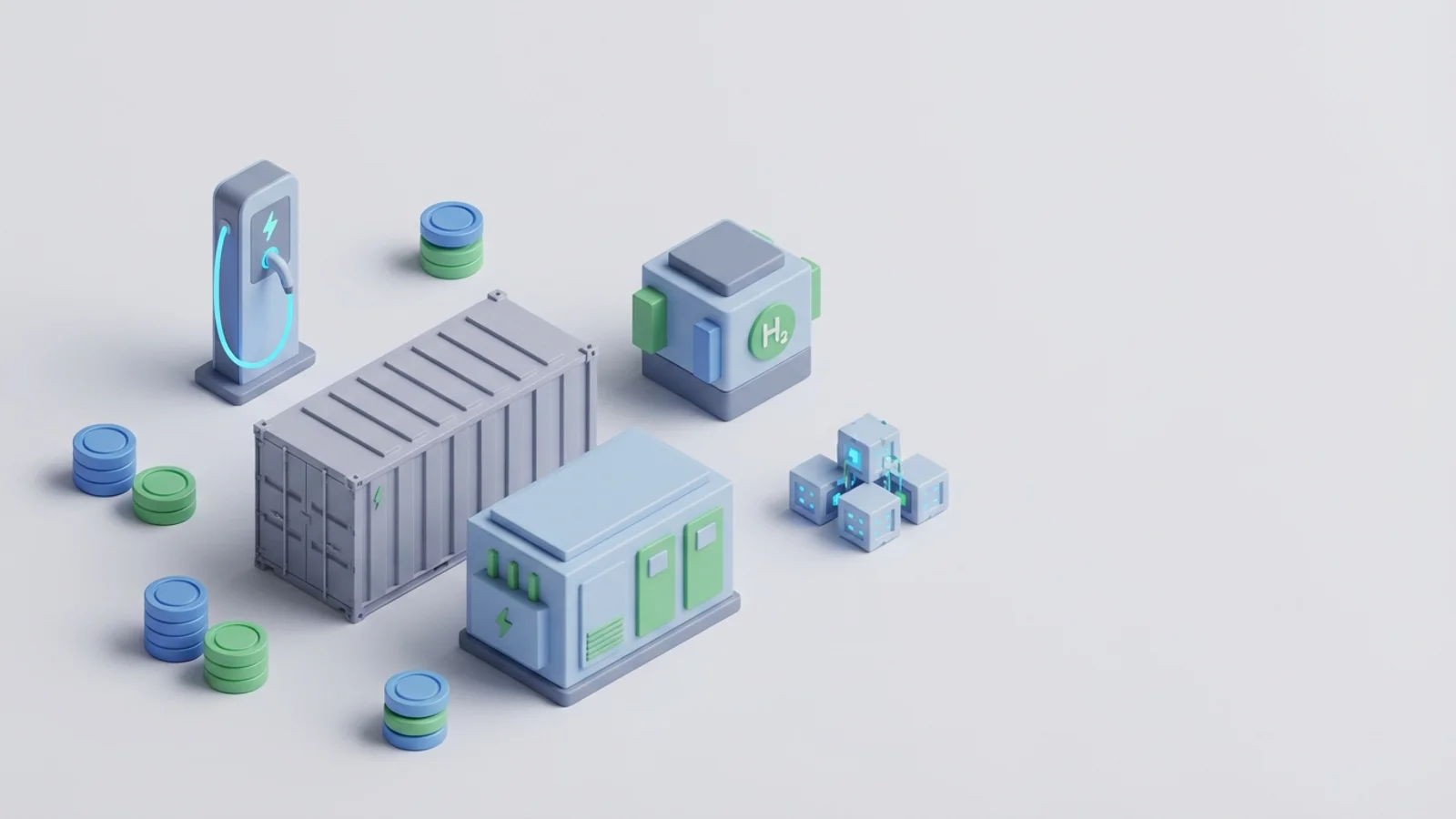 Isometric 3D illustration of battery container and substation with EV charger station and electrolyzer block