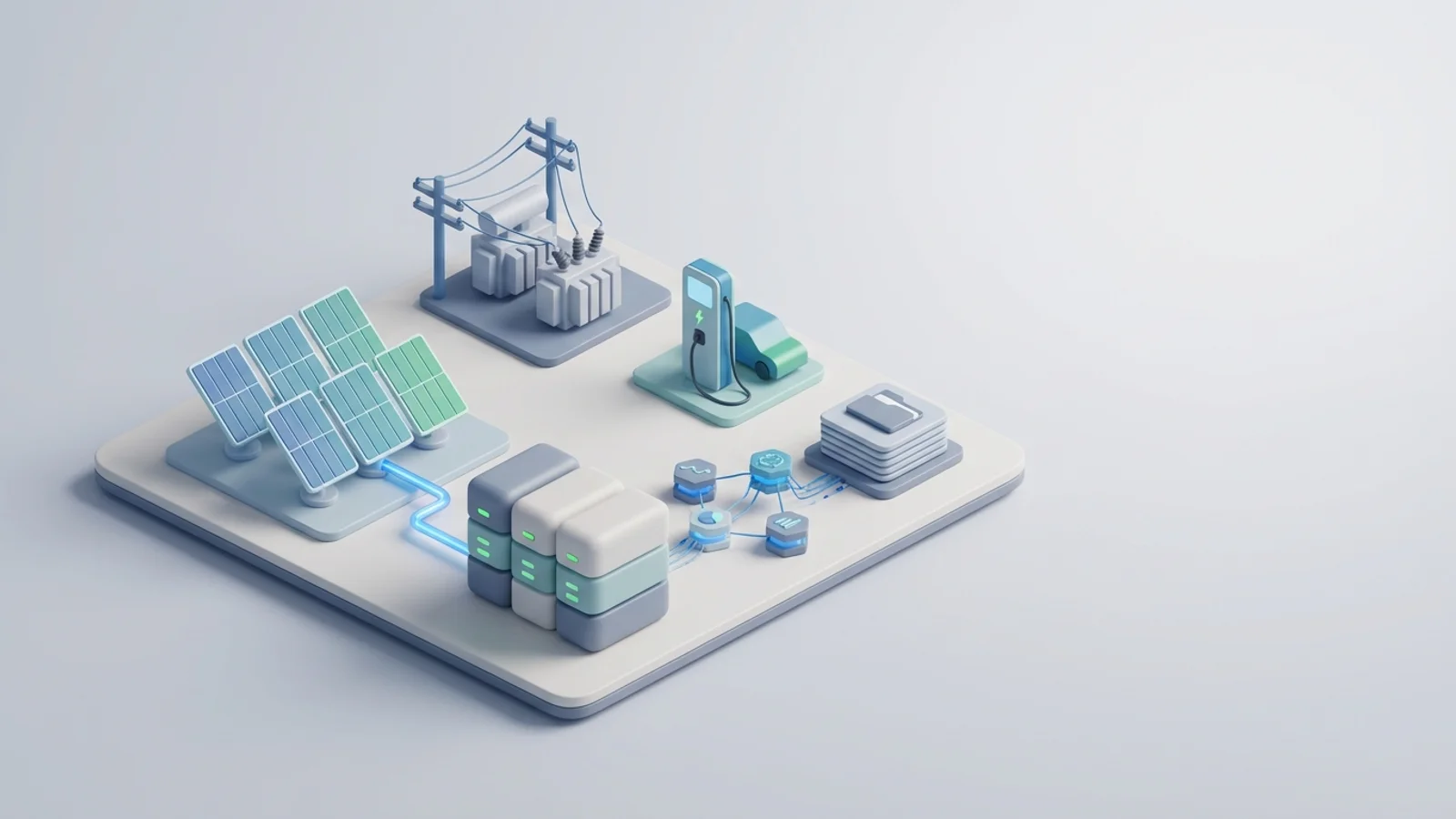 Isometric 3D illustration of solar array and battery container with substation and EV charger station